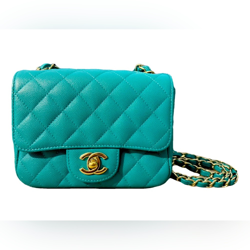 CHANEL Turquoise Caviar Quilted Mini Square Flap Crossbody Bag